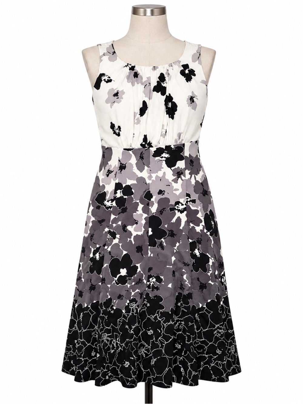 Jones Wear Sleeveless Floral A-Line Dress in White, Gray and Black